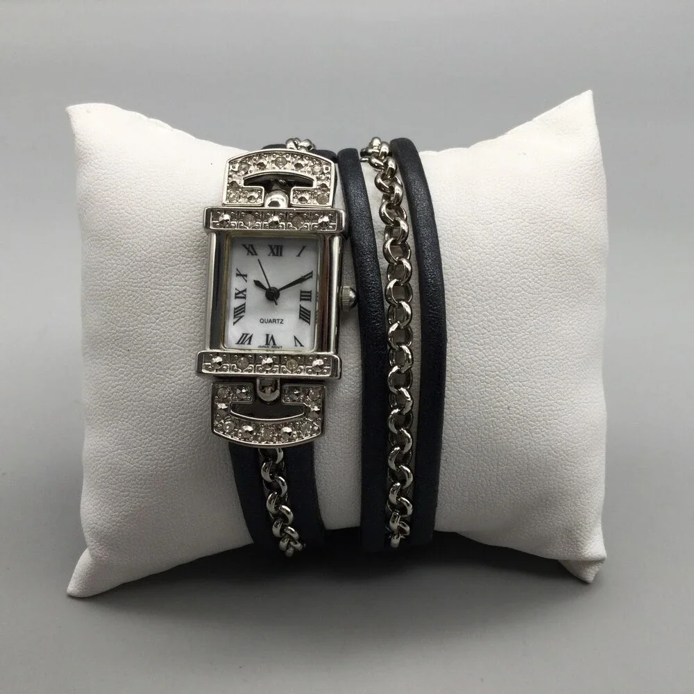Avon Womens Watch 20mm White Dial Black Wrap Leather Chain Strap New Battery